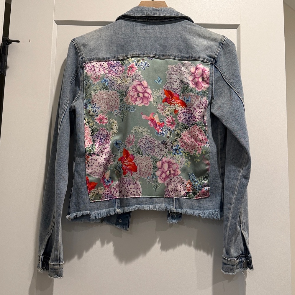 Light Wash Denim Jacket with Floral satin handkerchief back - Distressed Hem